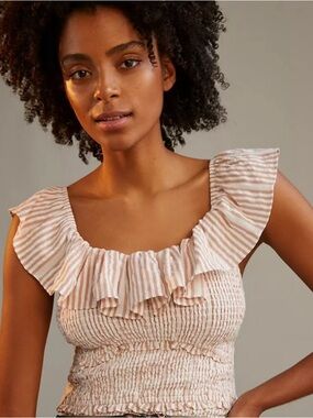 Anthropologie Striped Ruffle Smocked Tank Top - Pink Cream
